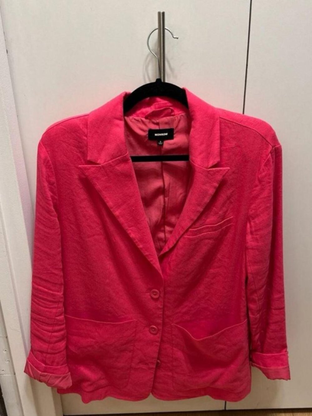 MONROW Oversized Linen Blend 3-Button Blazer in Raspberry Pink